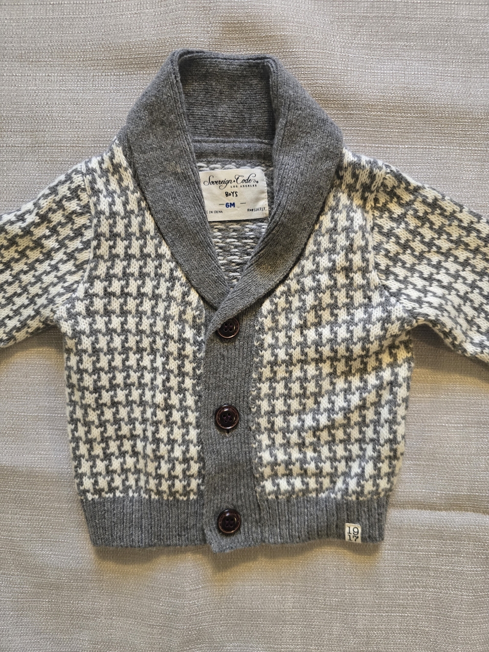 Sovereign Code Baby Boys Houndstooth Shawl Collar Cardigan Sweater 6M Gray